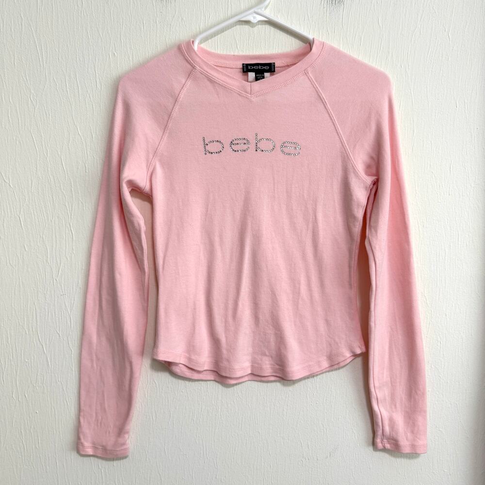 Vintage Y2K 90s Bebe Womens Long Sleeve Shirt S Pastel Pink Rhinestone Bling